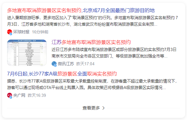 热搜速读：多地宣布取消旅游景区实名制预约